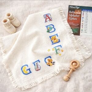 VTG Charles Craft Baby Alphabet Afghan 18 Count USA Cross Stitch Blanket w D